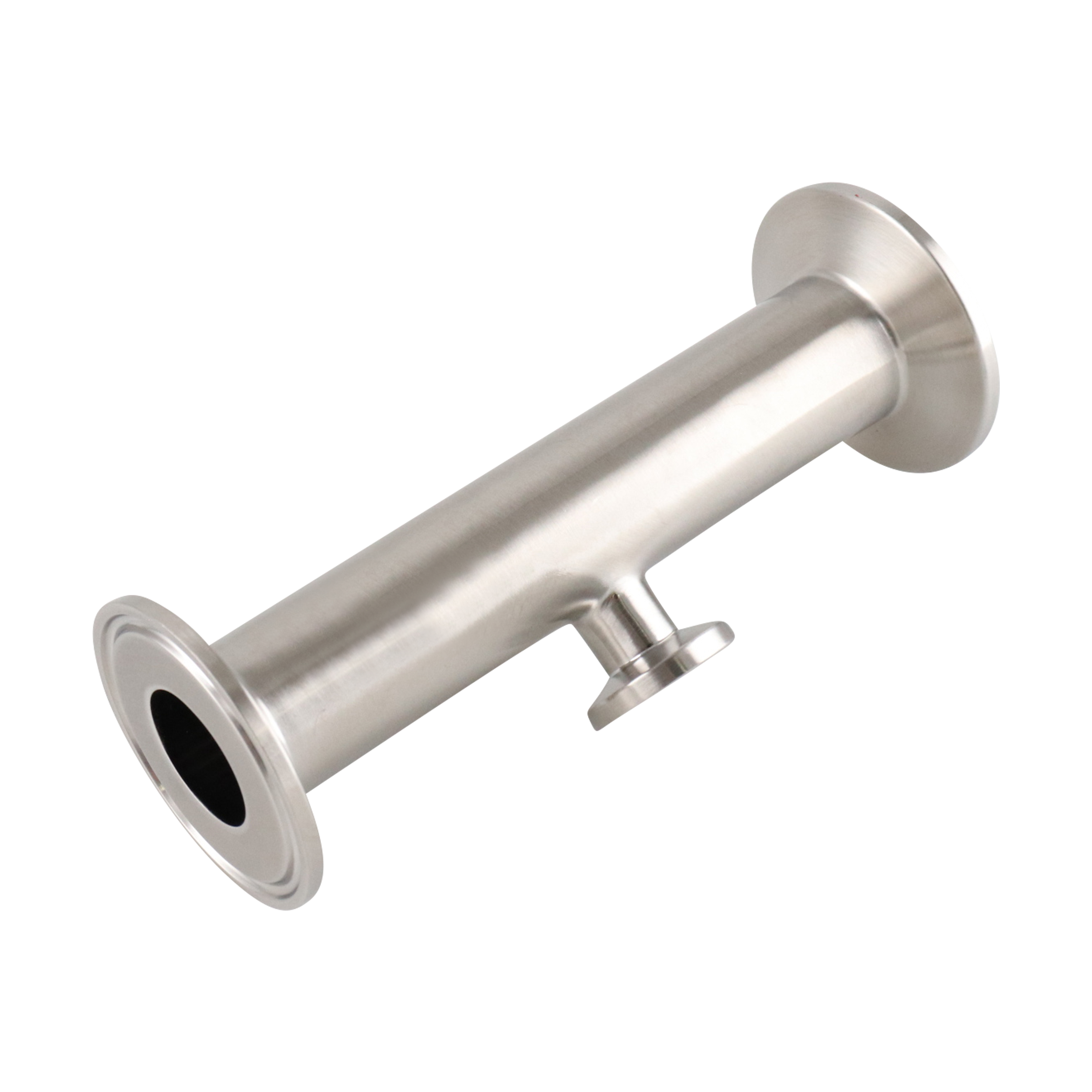 Reducing tee with dimensions 1 inch x 0.5 inch, short branch tri-clamp connection, made from 316L stainless steel, 15RA EP internal finish and 32RA outer finish, SF4 BPE compliant.