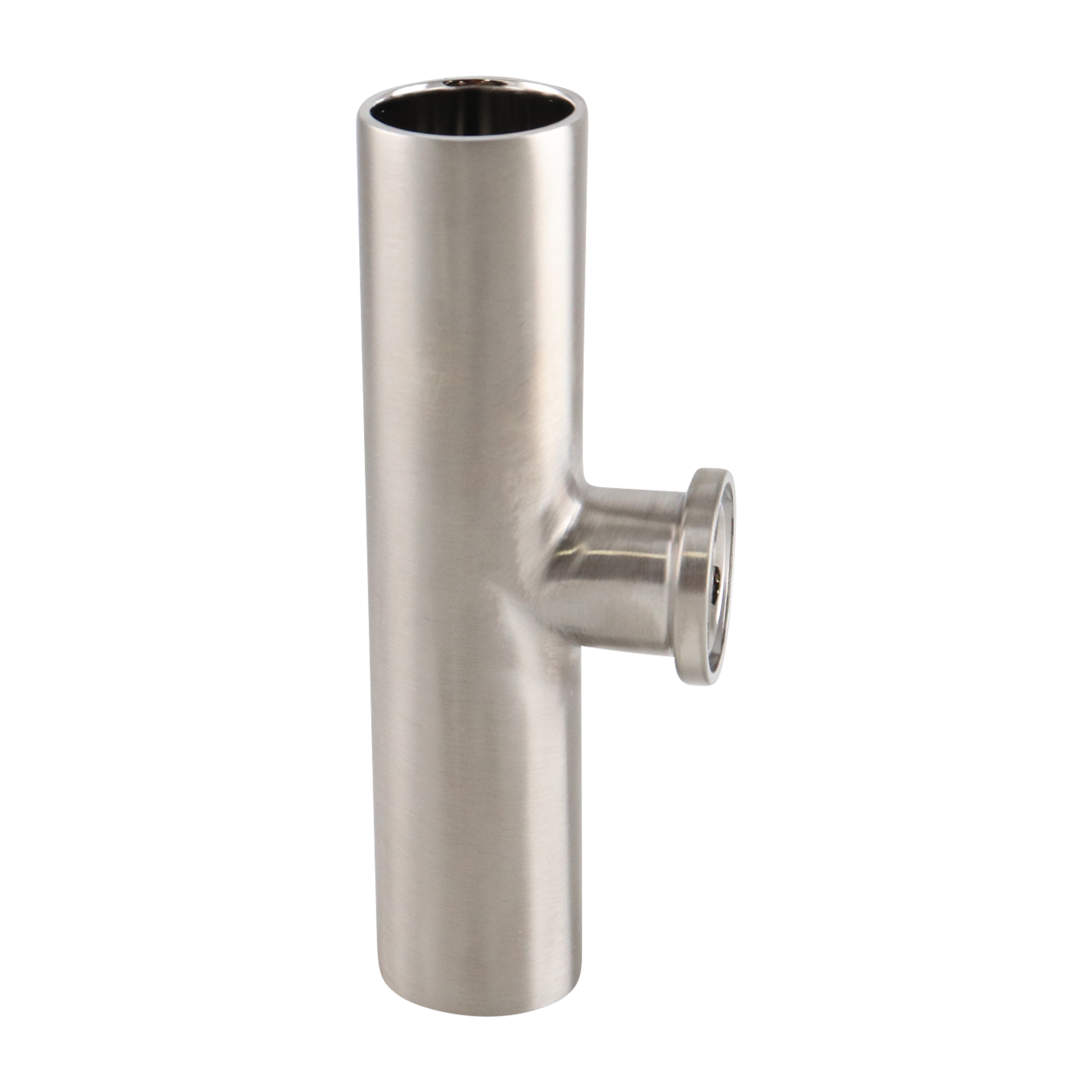 Reducing tee, 1-inch by 0.5-inch, short branch with tri-clamp connections, made of 316L stainless steel, with a 15RA EP inner diameter finish and 32RA outer diameter finish, SF4 BPE compliant.