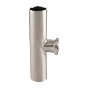 Reducing tee, 1-inch by 0.5-inch, short branch with tri-clamp connections, made of 316L stainless steel, with a 15RA EP inner diameter finish and 32RA outer diameter finish, SF4 BPE compliant.