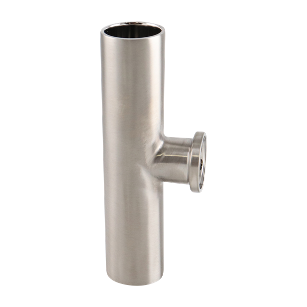 Reducing tee, 1-inch by 0.5-inch, short branch with tri-clamp connections, made of 316L stainless steel, with a 15RA EP inner diameter finish and 32RA outer diameter finish, SF4 BPE compliant.