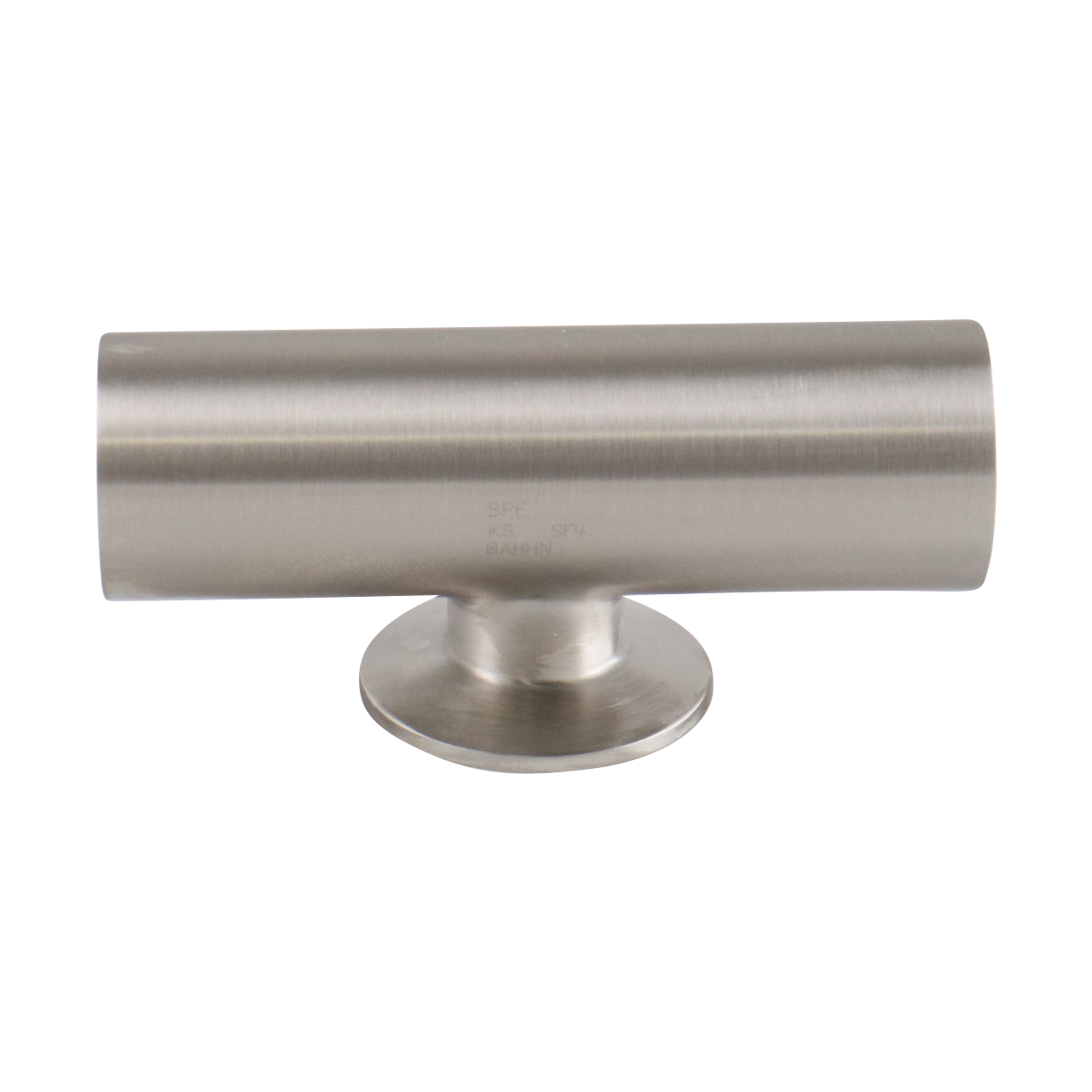 Reducing tee with 1.5-inch by 1-inch short branch tri-clamp connections, made from 316L stainless steel, with a 15RA electro-polished internal finish and 32RA outer finish, SF4 BPE compliant.