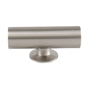 Reducing tee with 1.5-inch by 1-inch short branch tri-clamp connections, made from 316L stainless steel, with a 15RA electro-polished internal finish and 32RA outer finish, SF4 BPE compliant.