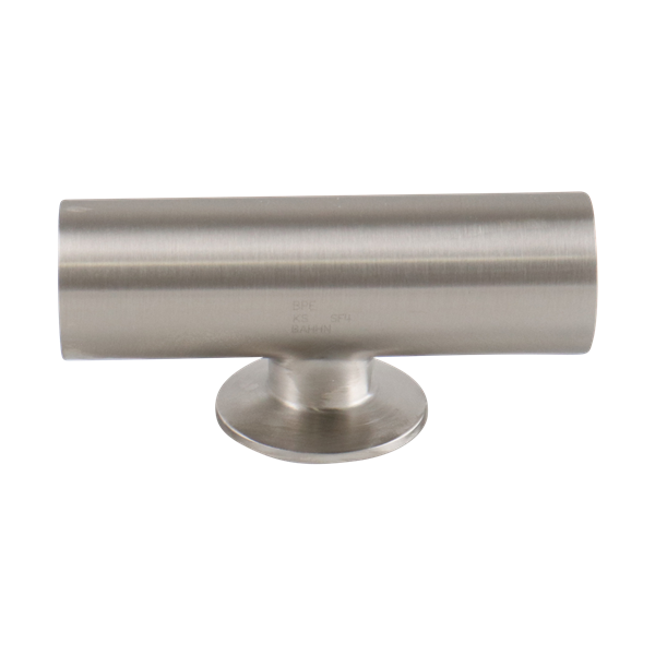 Reducing tee with 1.5-inch by 1-inch short branch tri-clamp connections, made from 316L stainless steel, with a 15RA electro-polished internal finish and 32RA outer finish, SF4 BPE compliant.