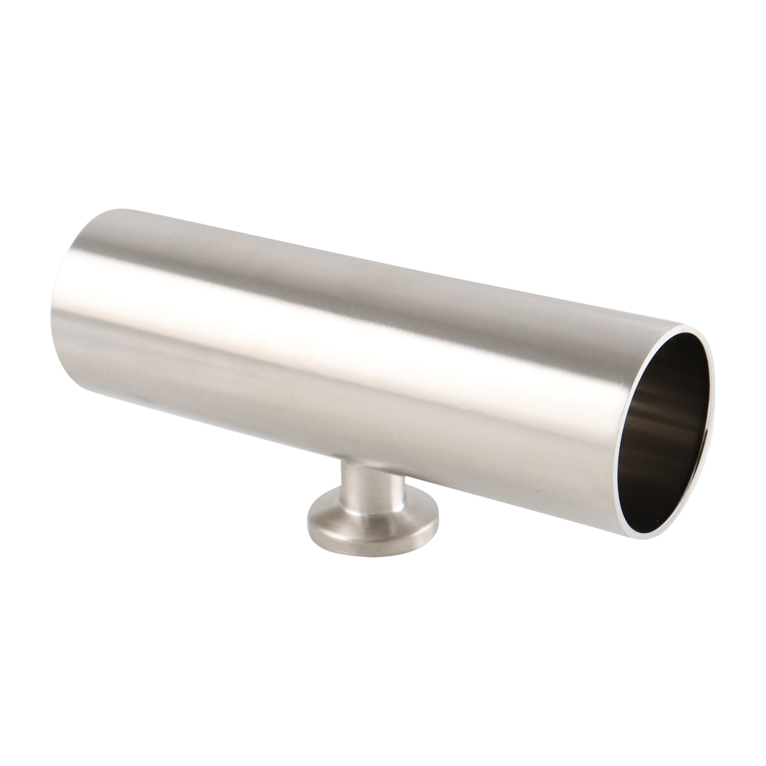Reducing tee with 1.5-inch by 0.5-inch tri-clamp connections, short branch style, 316L stainless steel, 15RA electropolished internal finish, and 32RA outer finish, SF4 BPE compliant.