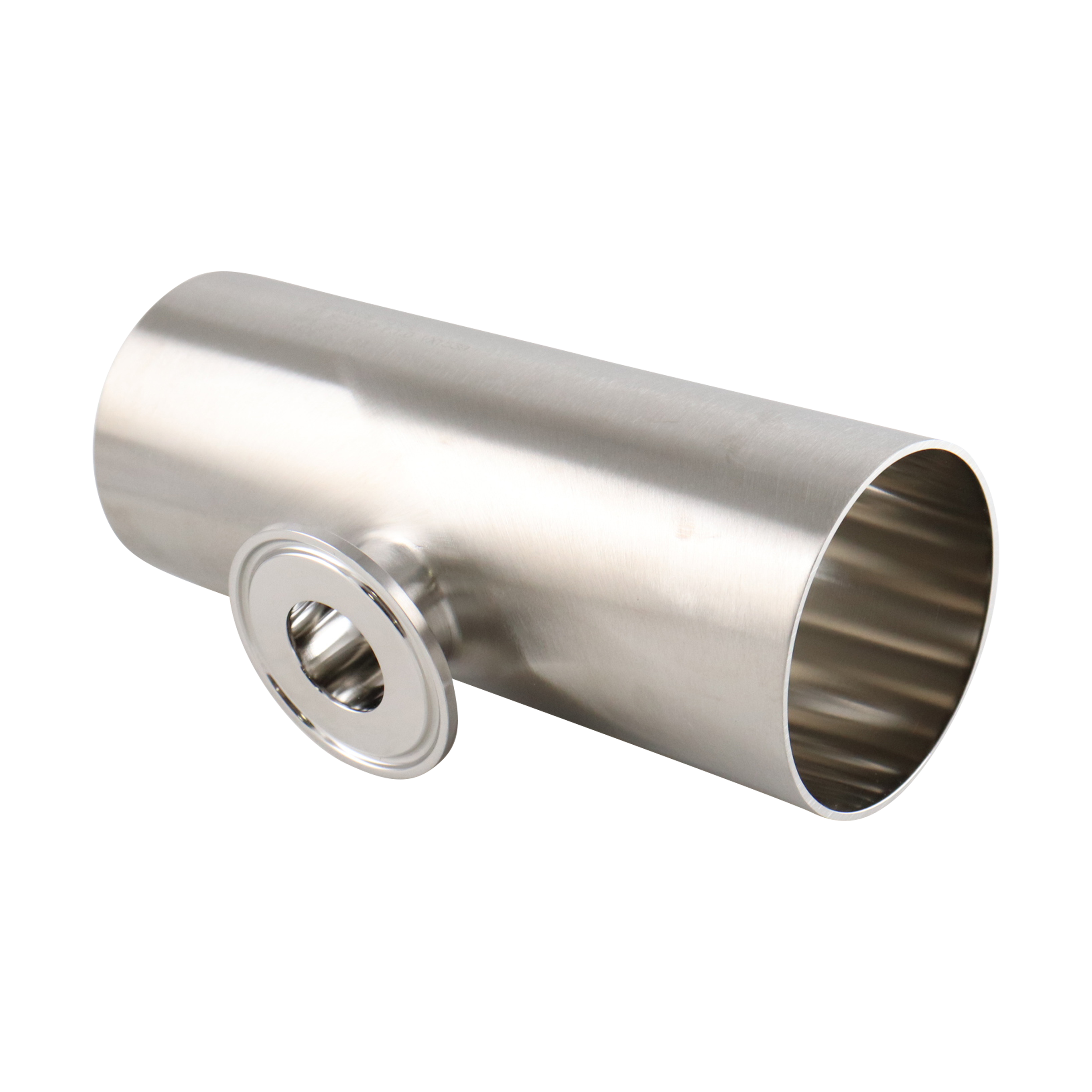 Reducing tee with dimensions 2.5-inch x 1.5-inch short branch tri-clamp, made from 316L stainless steel, featuring a 15RA EP internal finish and a 32RA outer finish, SF4 BPE compliant.