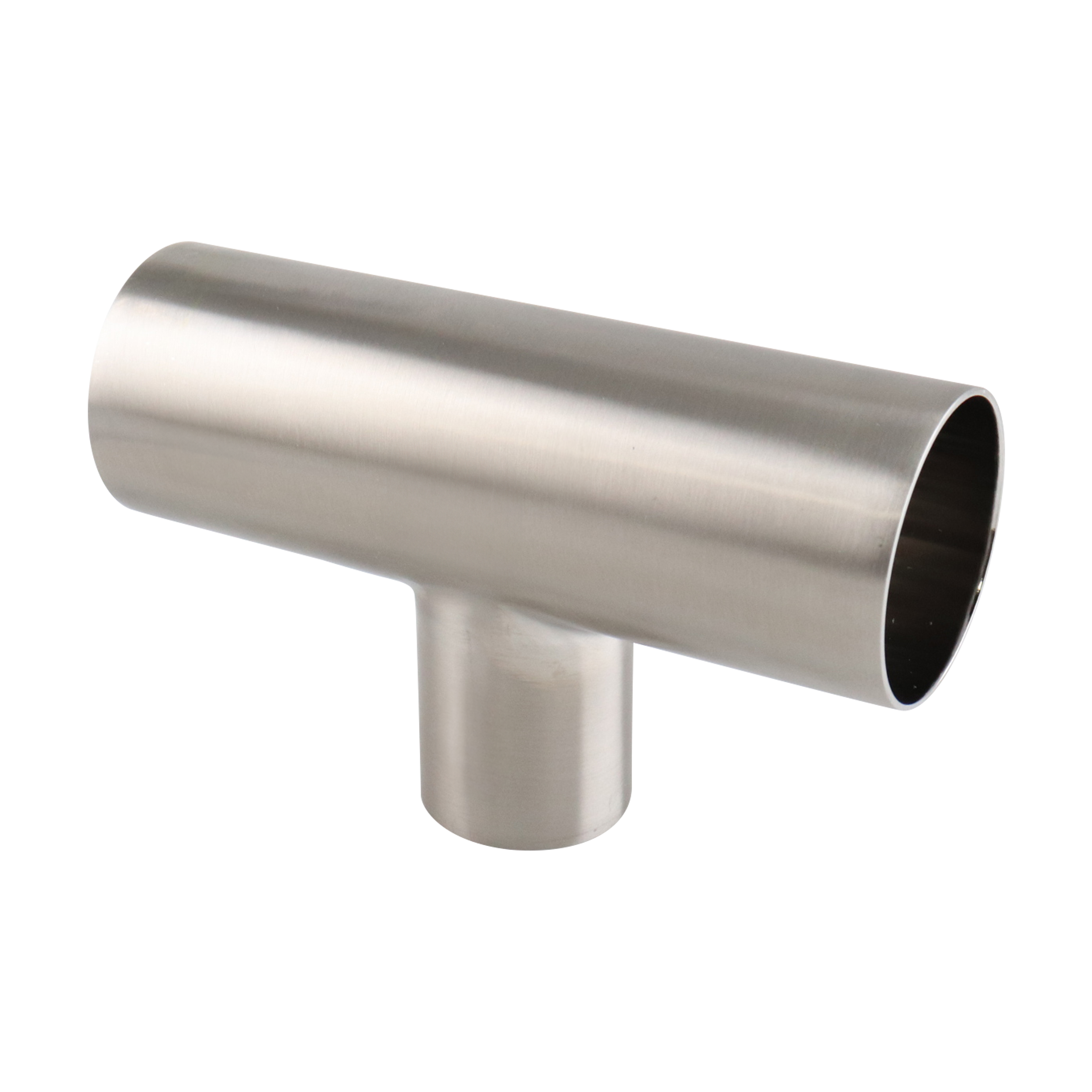 Reducing tee with 2-inch by 1.5-inch butt weld connections, made from 316L stainless steel, with a 15RA electro-polished internal finish and 32RA outer finish, SF4 BPE compliant.