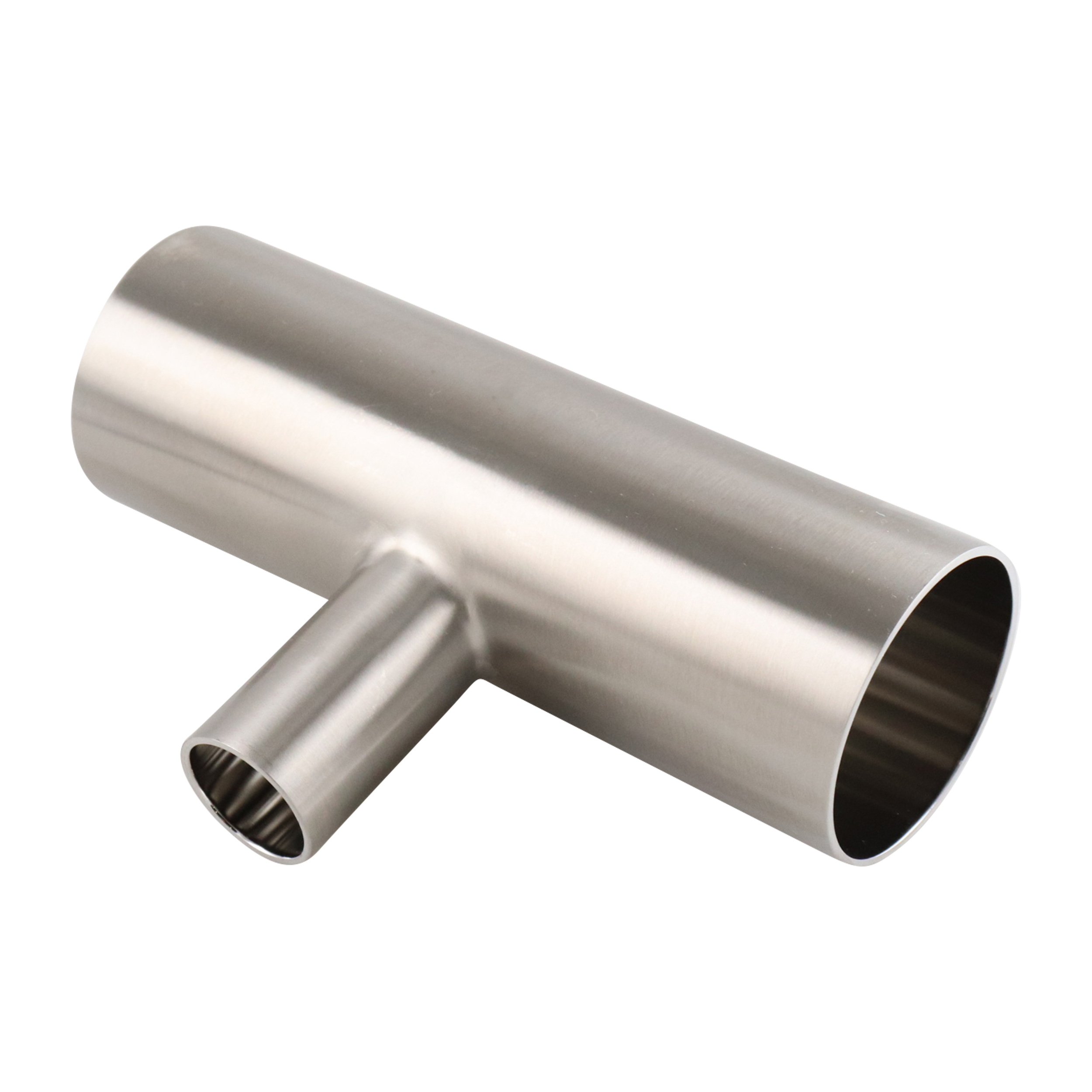 Reducing tee, 2-inch by 1-inch butt weld connection, made of 316L stainless steel, with a 15RA electro-polished inner diameter finish and 32RA outer diameter finish, SF4 BPE compliant.