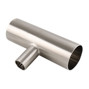 Reducing tee, 2-inch by 1-inch butt weld connection, made of 316L stainless steel, with a 15RA electro-polished inner diameter finish and 32RA outer diameter finish, SF4 BPE compliant.