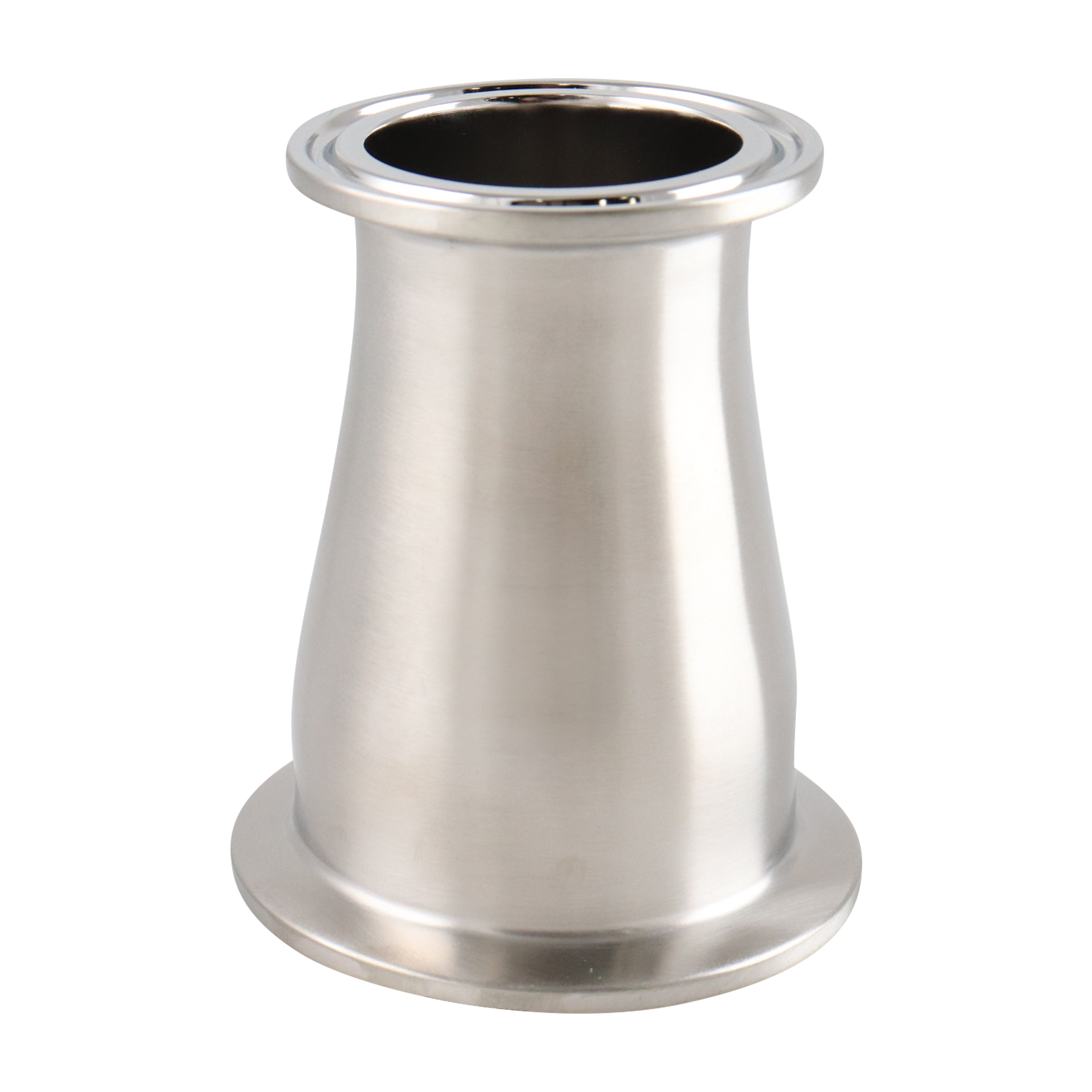 Concentric reducer with dimensions 2 inches x 1.5 inches, tri-clamp connection, made from 316L stainless steel, with a 3-inch overall length, 15RA electropolished internal finish, 32RA outer finish, SF4 BPE compliant.