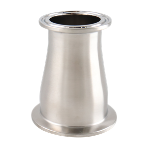 Concentric reducer with dimensions 2 inches x 1.5 inches, tri-clamp connection, made from 316L stainless steel, with a 3-inch overall length, 15RA electropolished internal finish, 32RA outer finish, SF4 BPE compliant.