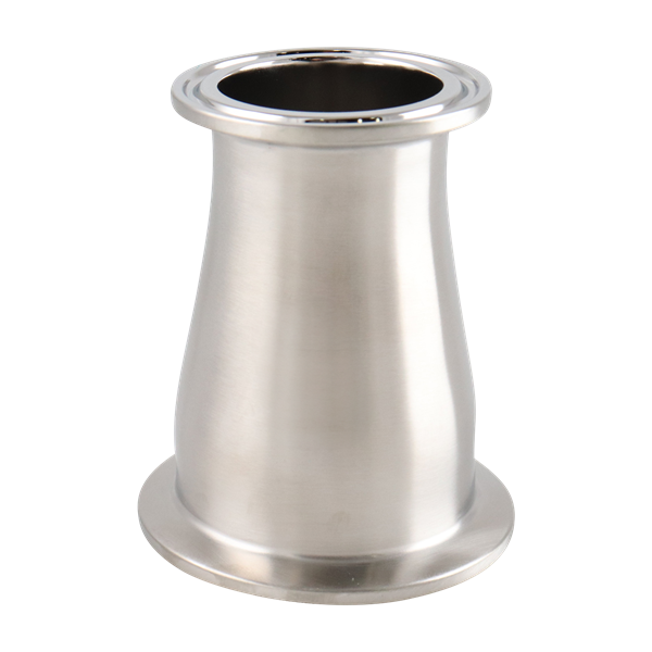 Concentric reducer with dimensions 2 inches x 1.5 inches, tri-clamp connection, made from 316L stainless steel, with a 3-inch overall length, 15RA electropolished internal finish, 32RA outer finish, SF4 BPE compliant.