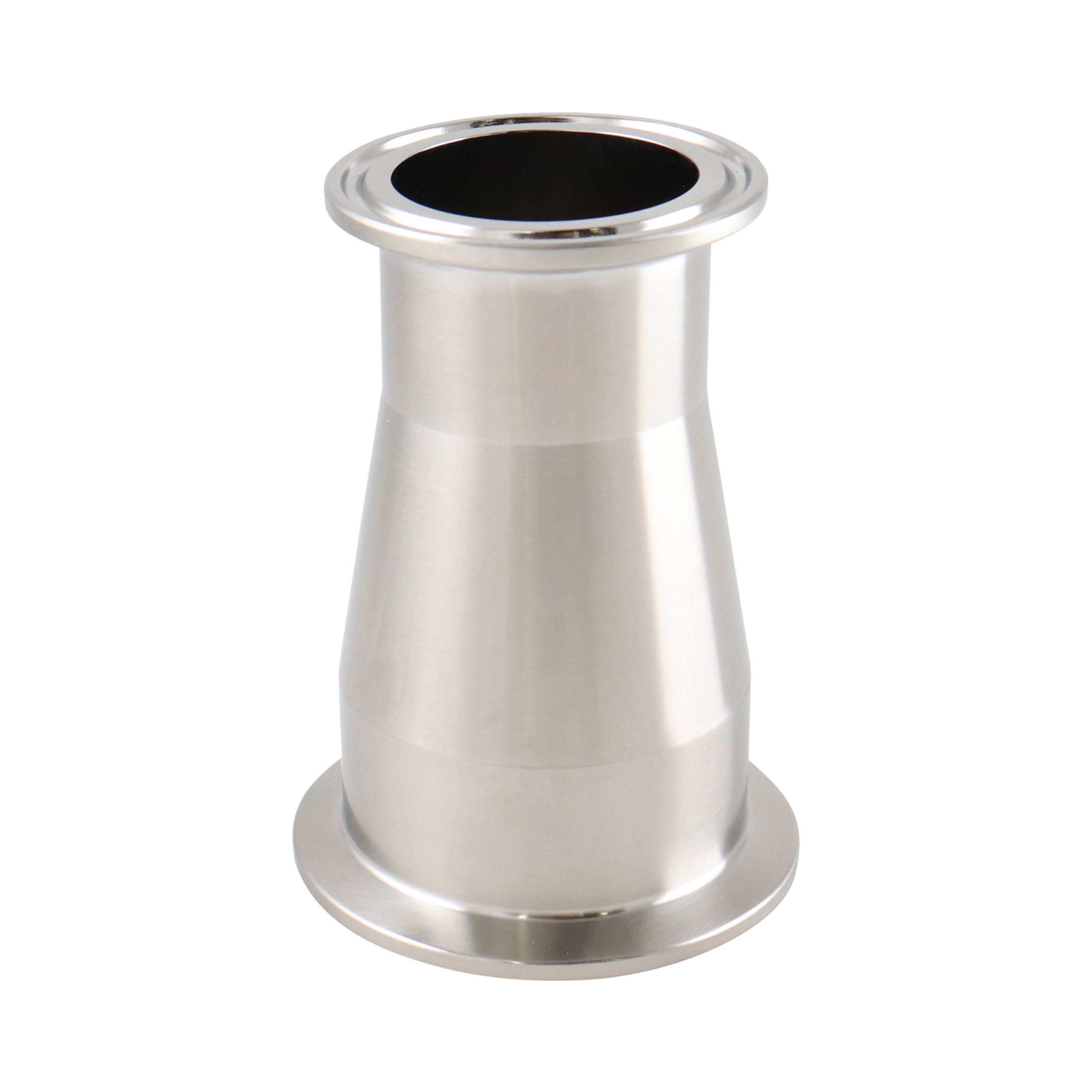 Concentric Reducer, 2-inch x 1.5-inch, Tri-Clamp connection, made of 316L stainless steel, 3.5 inches long, 15RA electropolished internal surface finish, 32RA external finish, SF4 BPE compliant.