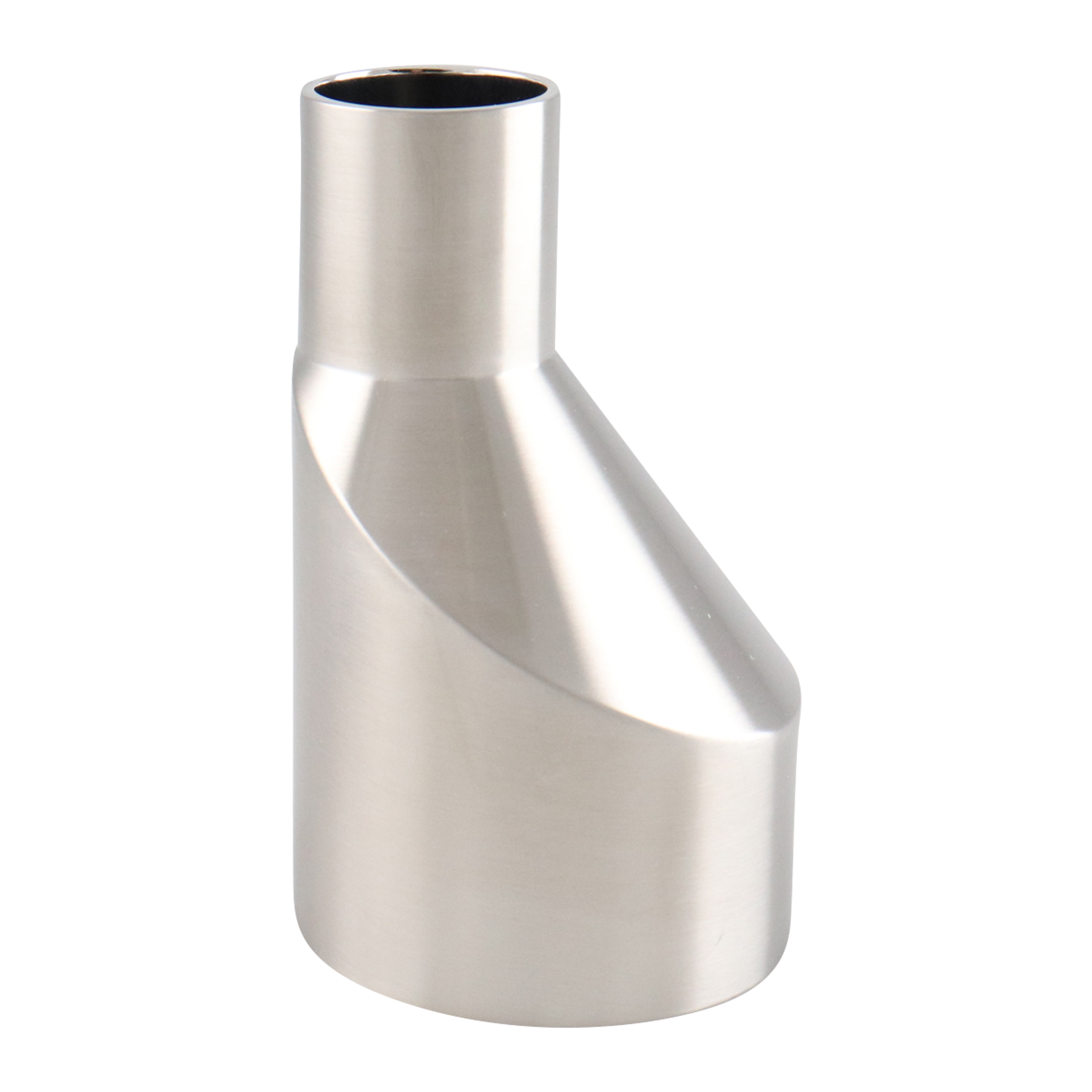 Eccentric reducer, 2-inch by 1-inch butt weld connection, made of 316L stainless steel, 3.375-inch overall length, with a 15RA EP inner diameter finish and 32RA SF4 outer diameter finish, SF4 BPE compliant.