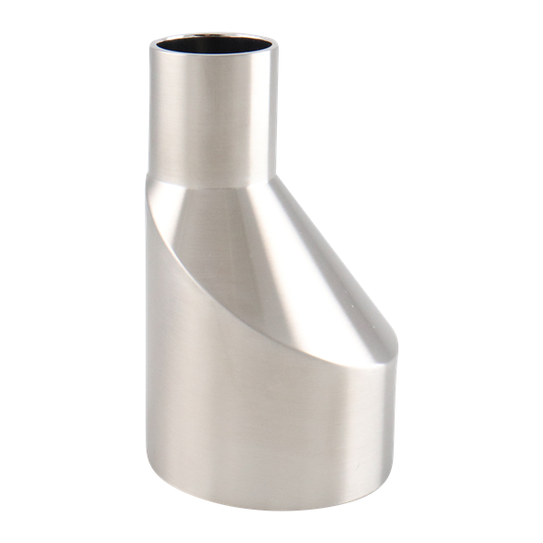 Eccentric reducer, 2-inch by 1-inch butt weld connection, made of 316L stainless steel, 3.375-inch overall length, with a 15RA EP inner diameter finish and 32RA SF4 outer diameter finish, SF4 BPE compliant.