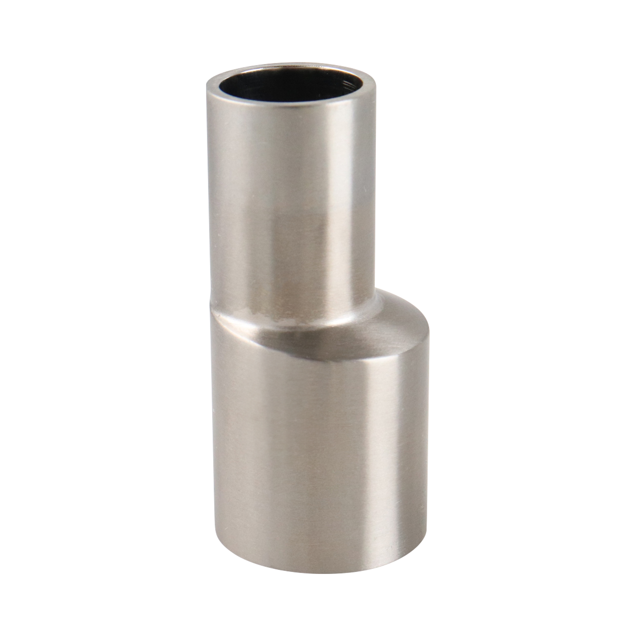 Eccentric reducer, 1-inch by 0.75-inch butt weld connection, made of 316L stainless steel, with a 2.125-inch overall length, 15RA EP inner diameter finish, and 32RA outer diameter finish, SF4 BPE compliant.