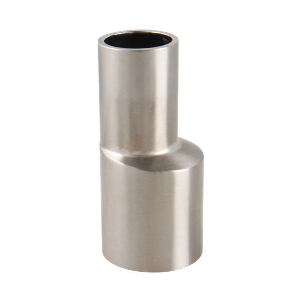 Eccentric reducer, 1-inch by 0.75-inch butt weld connection, made of 316L stainless steel, with a 2.125-inch overall length, 15RA EP inner diameter finish, and 32RA outer diameter finish, SF4 BPE compliant.