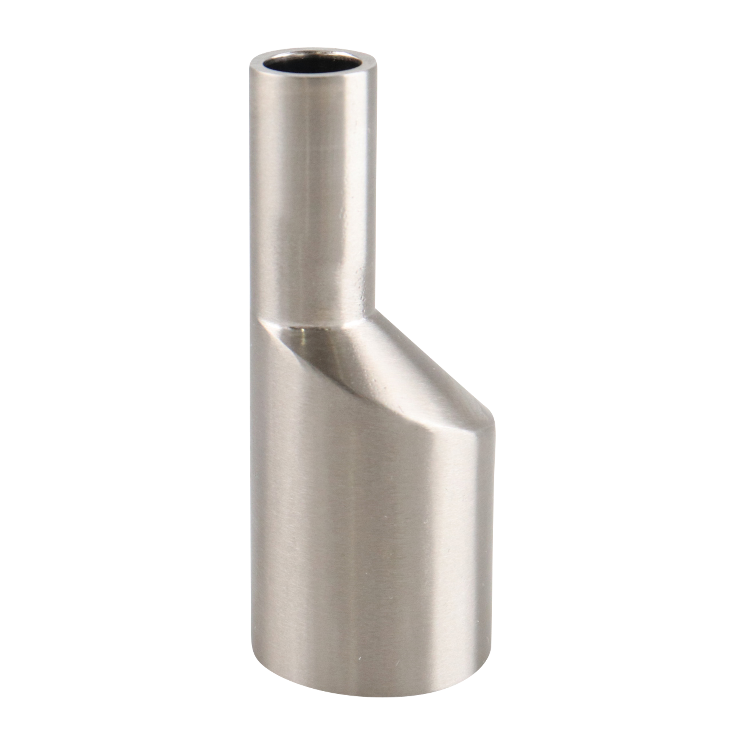 Eccentric reducer with 1-inch by 0.5-inch butt weld connections, 316L stainless steel, 2.5-inch overall length, 15RA electropolished internal finish, and 32RA outer finish, SF4 BPE compliant.