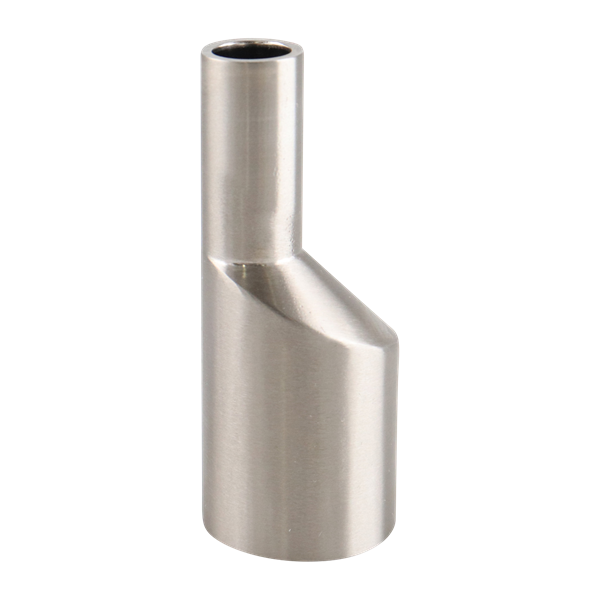 Eccentric reducer with 1-inch by 0.5-inch butt weld connections, 316L stainless steel, 2.5-inch overall length, 15RA electropolished internal finish, and 32RA outer finish, SF4 BPE compliant.