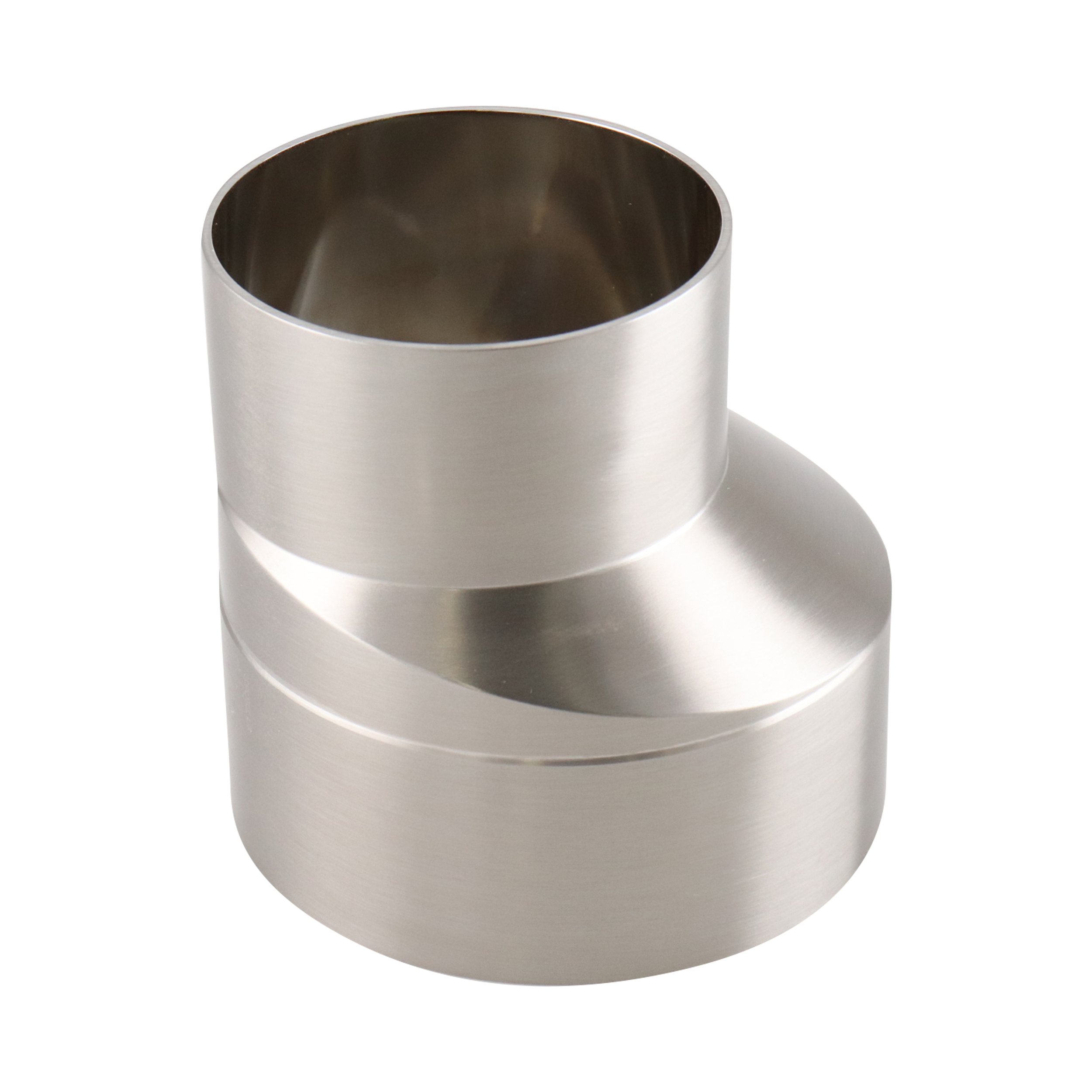 Eccentric reducer: 4-inch to 3-inch butt weld, 316L stainless steel, 3.875-inch overall length, 15RA EP inner diameter, 32RA outer diameter, SF4 BPE compliant.