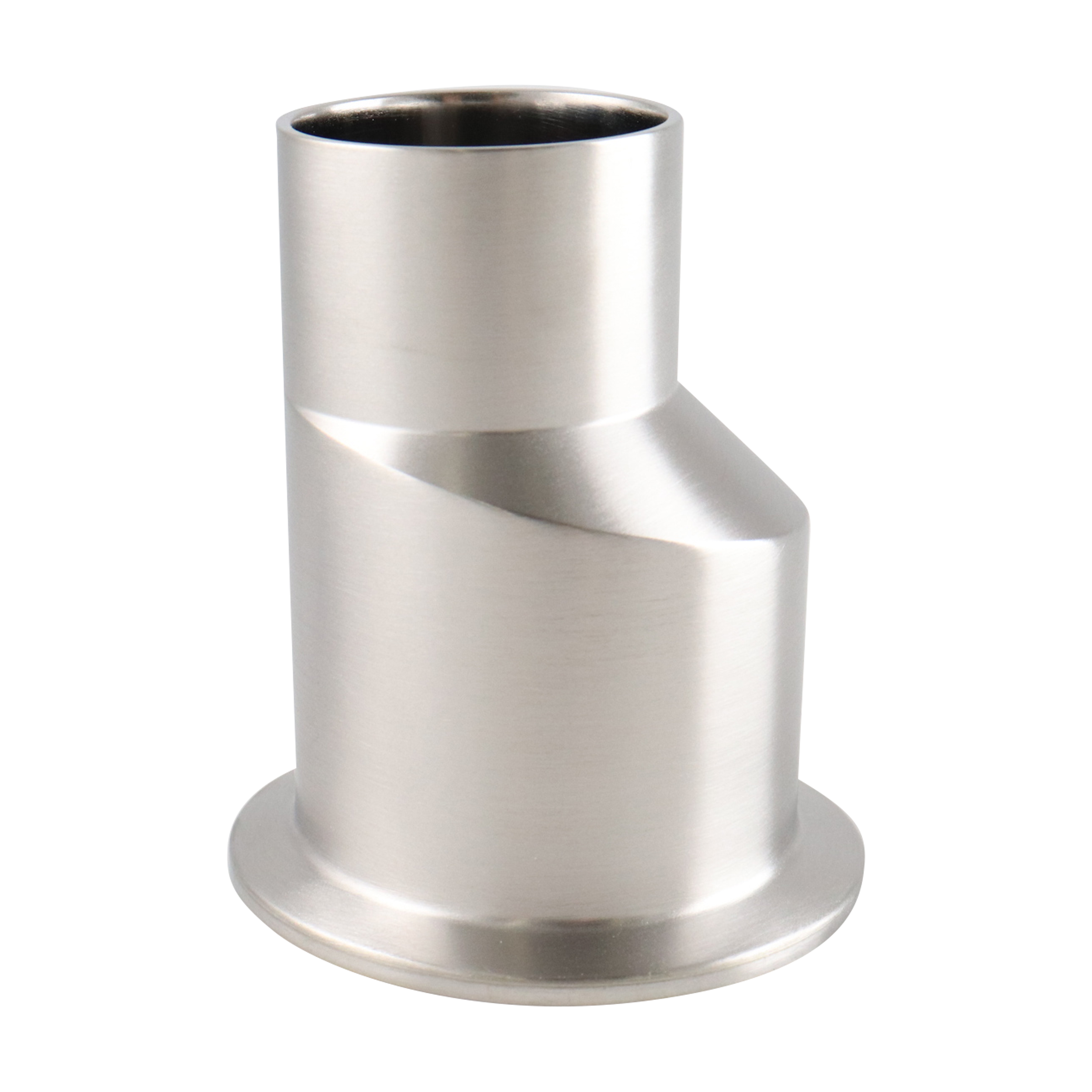 Eccentric Reducer, 2-inch x 1.5-inch, Tri-Clamp to Butt Weld connection, made of 316L stainless steel, 3 inches long, 15RA electropolished internal surface finish, 32RA external finish, SF4 BPE compliant.