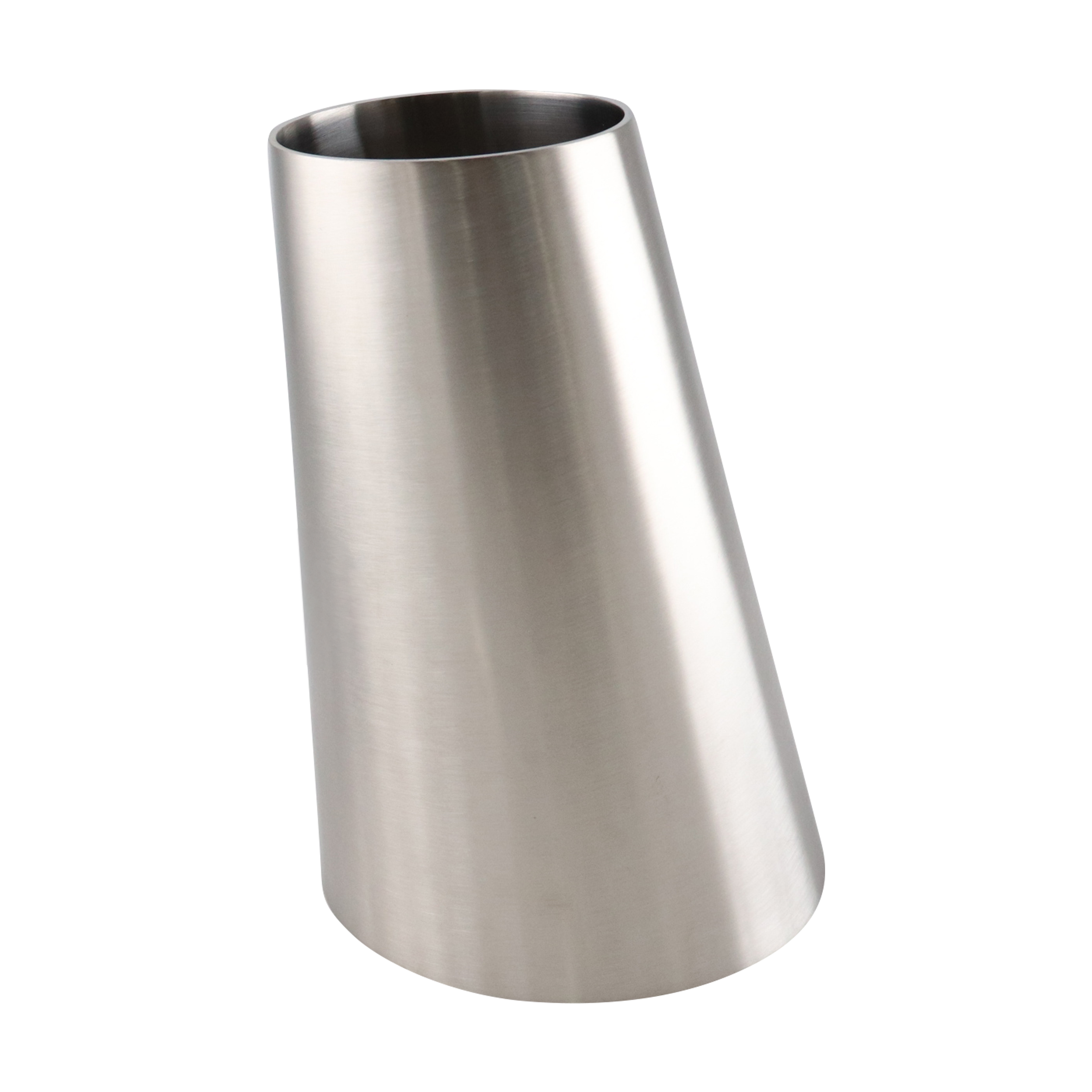 Eccentric reducer with dimensions 4 inches x 2.5 inches, butt-weld connection, made from 304 stainless steel, with a 6-inch overall length and a 32RA internal and outer finish.