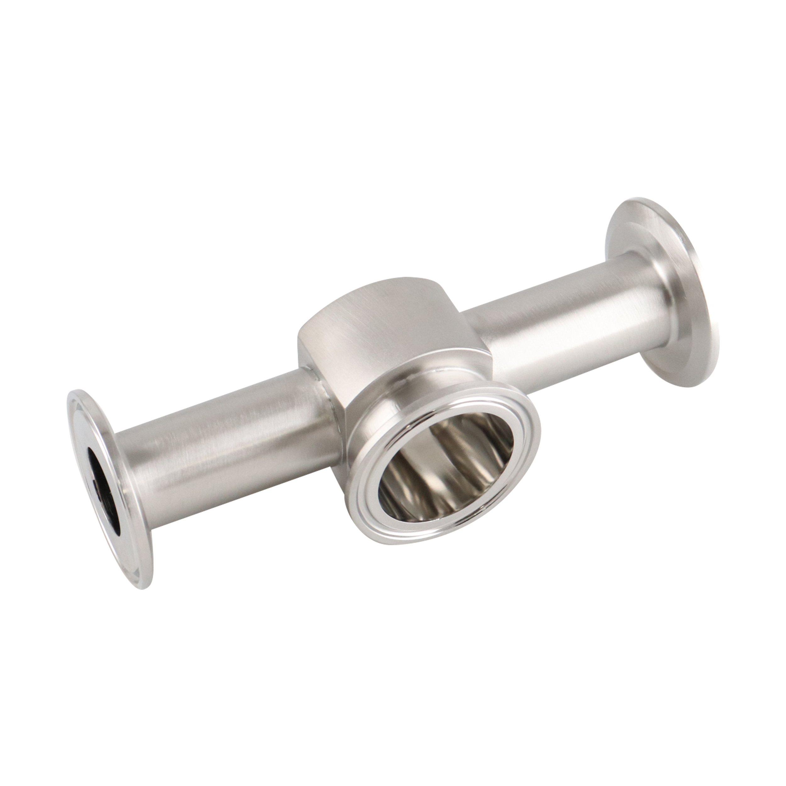 Instrument tee with dimensions 1-inch x 1.5-inch tri-clamp, made from 316L stainless steel, featuring a 15RA EP internal finish and a 32RA outer finish, SF4 BPE compliant.