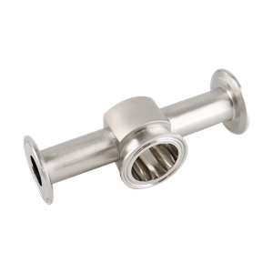 Instrument tee with dimensions 1-inch x 1.5-inch tri-clamp, made from 316L stainless steel, featuring a 15RA EP internal finish and a 32RA outer finish, SF4 BPE compliant.