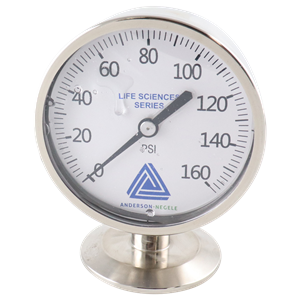 Mini pressure gauge 0.75" tri-clamp bottom mount 0-160 PSI 2.5" dial no fill Anderson