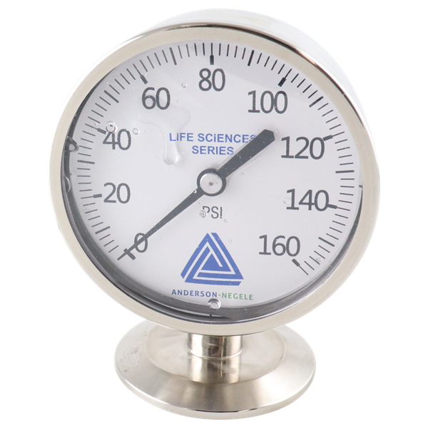 Mini pressure gauge 0.75" tri-clamp bottom mount 0-160 PSI 2.5" dial no fill Anderson