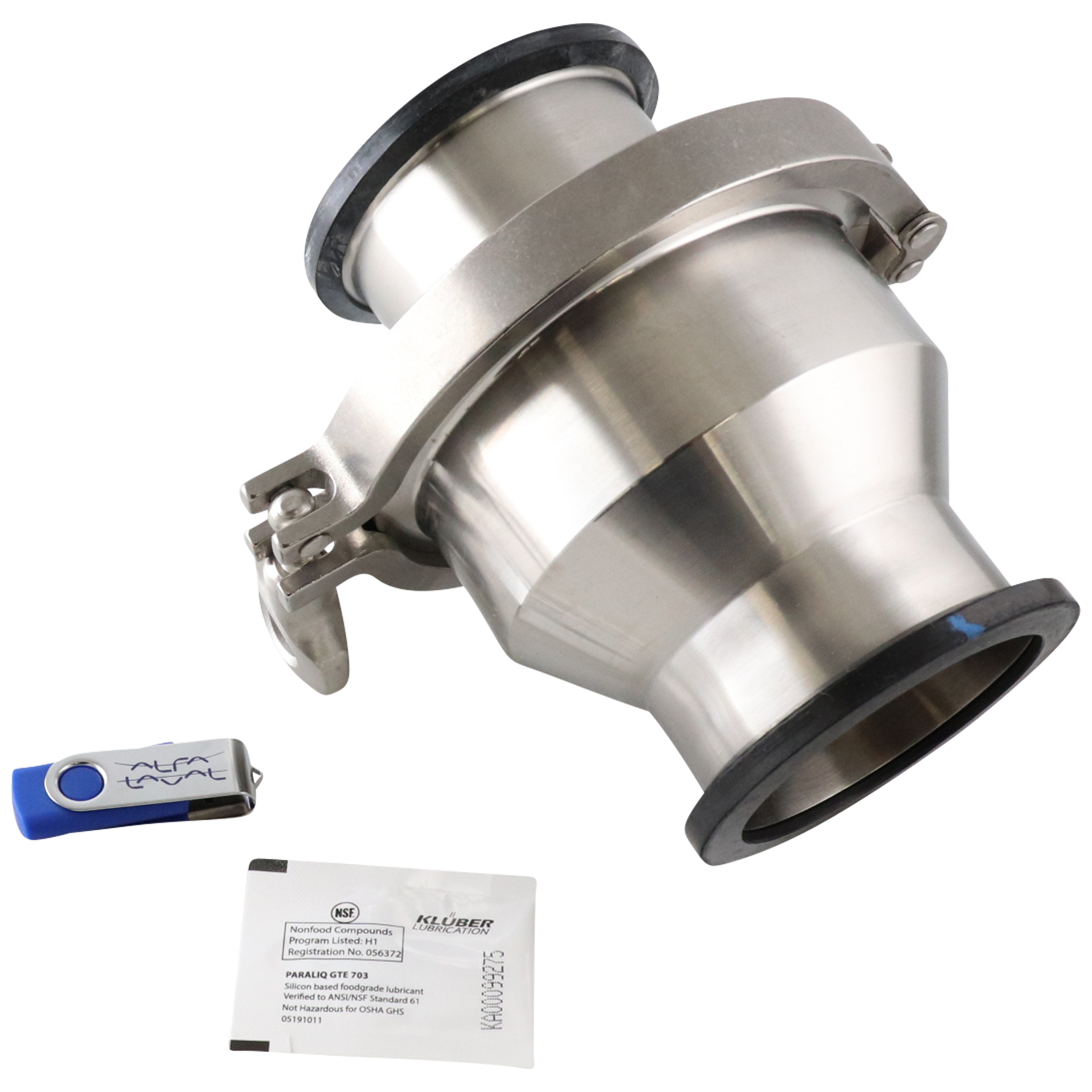 Spring check valve with dimensions 3-inch tri-clamp, made from 316 stainless steel, featuring a Viton seal.