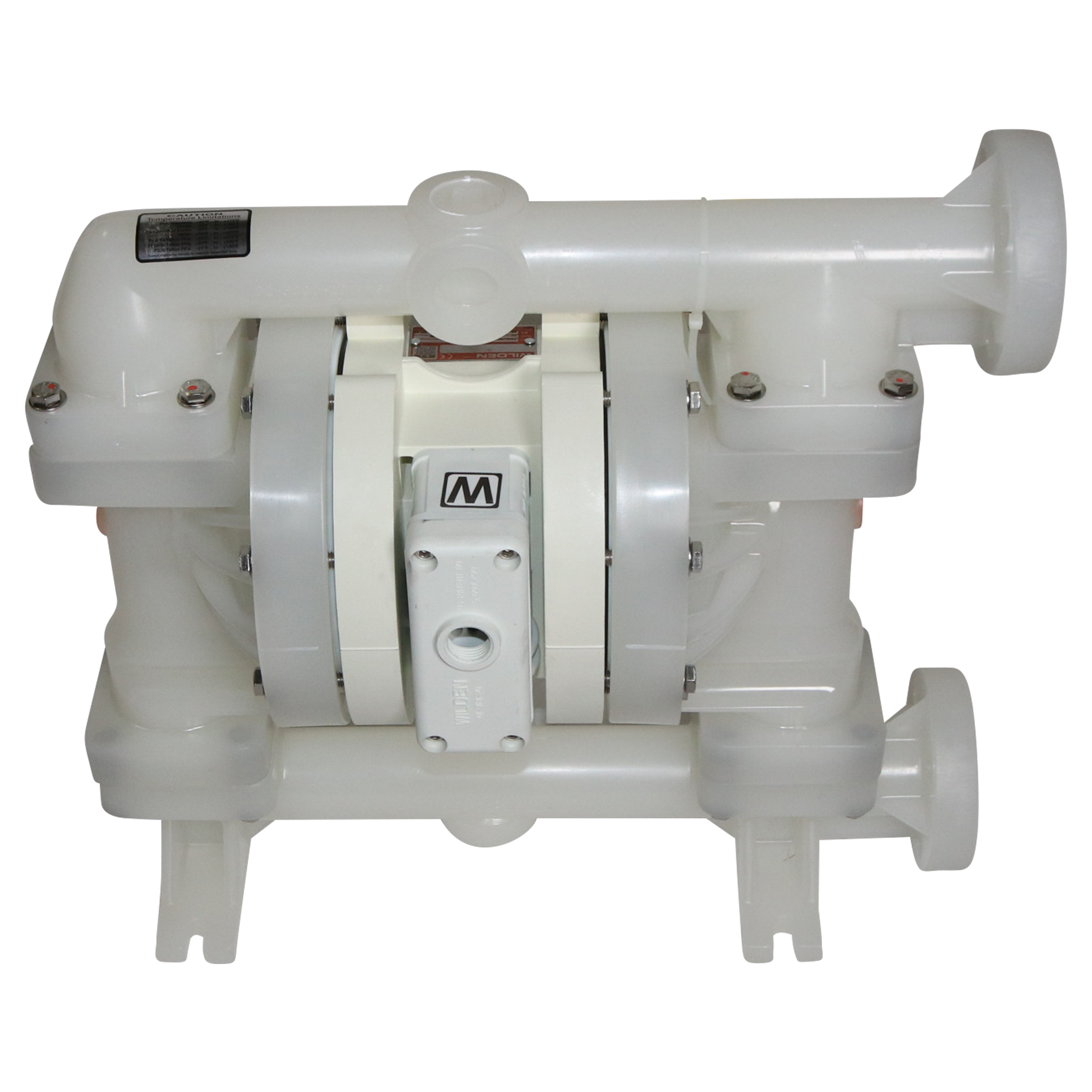 P200 diaphragm pump, 1-inch ANSI flanged, bolted plastic Pro-Flo construction, with poly wet side, PVDF piston, poly center, poly air, PTFE diaphragm with neoprene backup, PTFE valve ball, poly seats, PTFE-encapsulated Viton O-rings, compatible with AODD Wilden