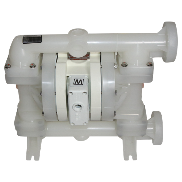 P200 diaphragm pump, 1-inch ANSI flanged, bolted plastic Pro-Flo construction, with poly wet side, PVDF piston, poly center, poly air, PTFE diaphragm with neoprene backup, PTFE valve ball, poly seats, PTFE-encapsulated Viton O-rings, compatible with AODD Wilden