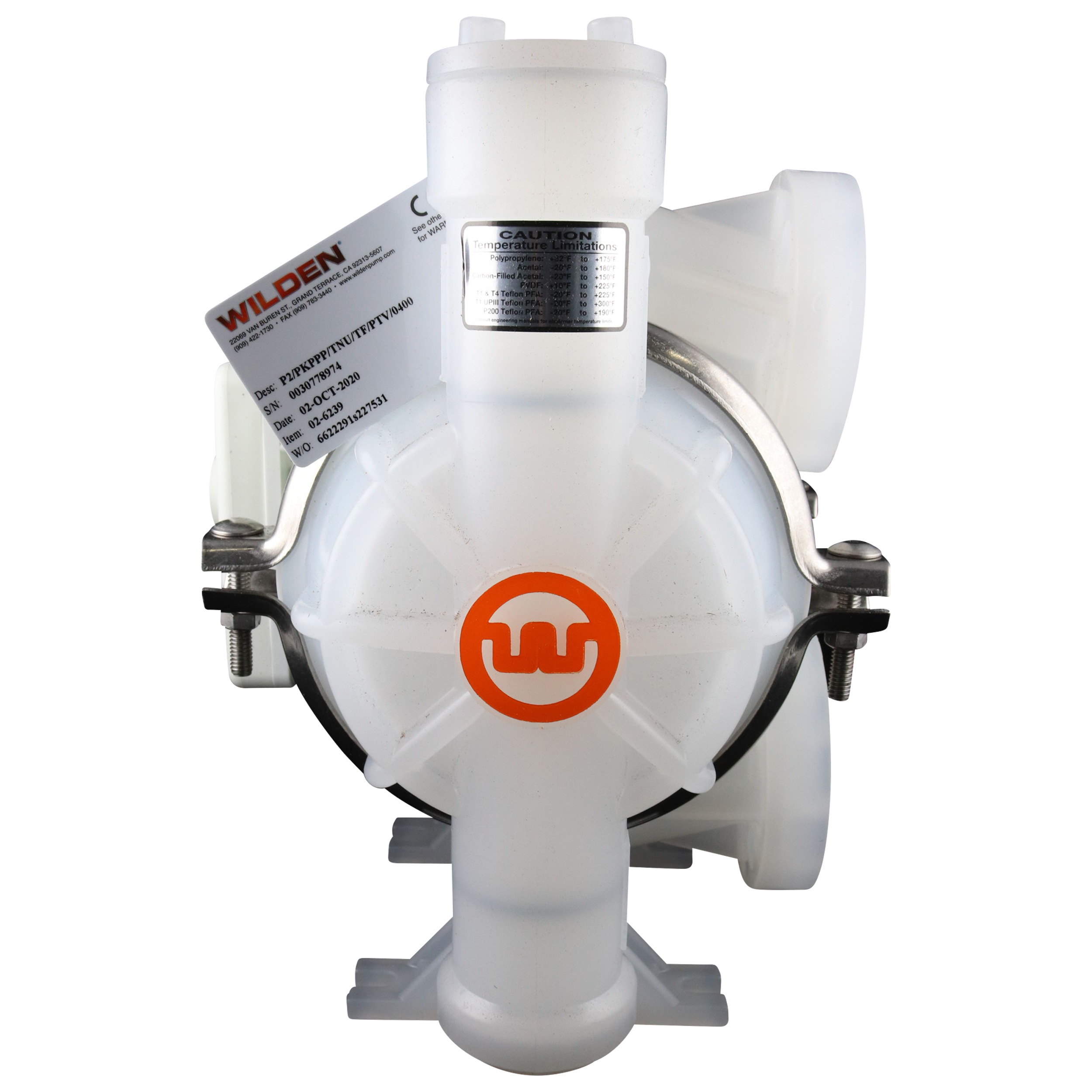 P2 diaphragm pump, 1-inch ANSI flanged, clamped plastic construction, with poly wet side, PVDF piston, poly center, poly air, PTFE diaphragm with neoprene backup, PTFE valve ball, poly seats, PTFE-encapsulated Viton O-rings, AODD Wilden compatible