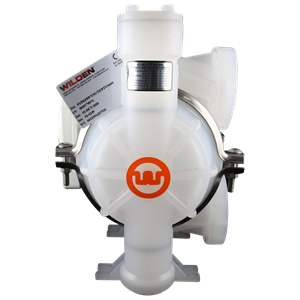 P2 diaphragm pump, 1-inch ANSI flanged, clamped plastic construction, with poly wet side, PVDF piston, poly center, poly air, PTFE diaphragm with neoprene backup, PTFE valve ball, poly seats, PTFE-encapsulated Viton O-rings, AODD Wilden compatible