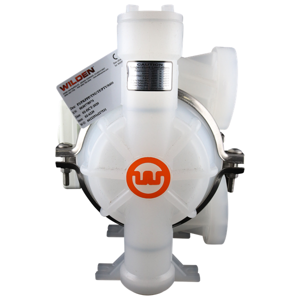 P2 diaphragm pump, 1-inch ANSI flanged, clamped plastic construction, with poly wet side, PVDF piston, poly center, poly air, PTFE diaphragm with neoprene backup, PTFE valve ball, poly seats, PTFE-encapsulated Viton O-rings, AODD Wilden compatible
