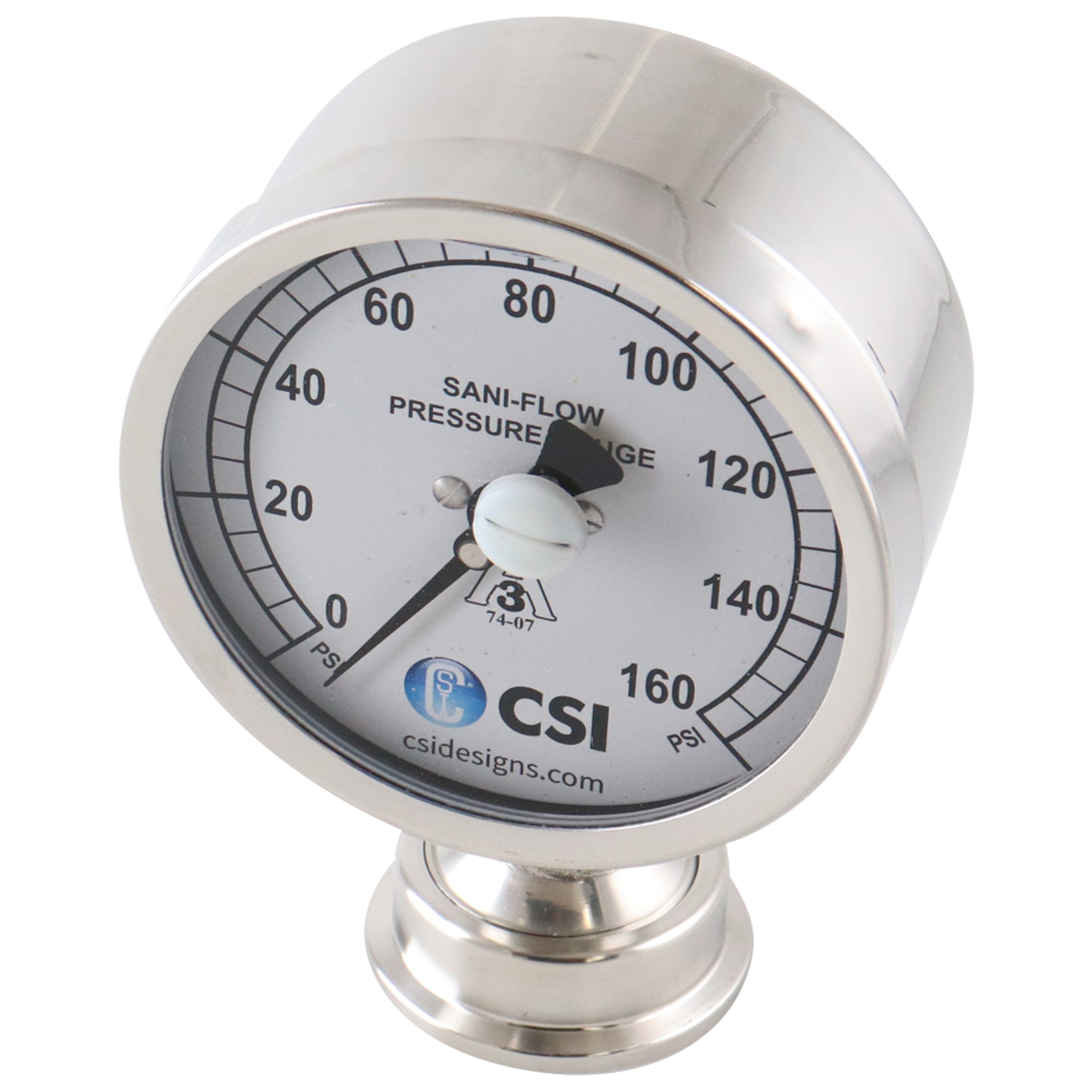 Pressure Gauge, 1.5-inch Tri-Clamp bottom mount, 0-160 PSI range, 3.5-inch dial, glycerin-filled, featuring CSI logo.