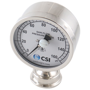 Pressure Gauge, 1.5-inch Tri-Clamp bottom mount, 0-160 PSI range, 3.5-inch dial, glycerin-filled, featuring CSI logo.