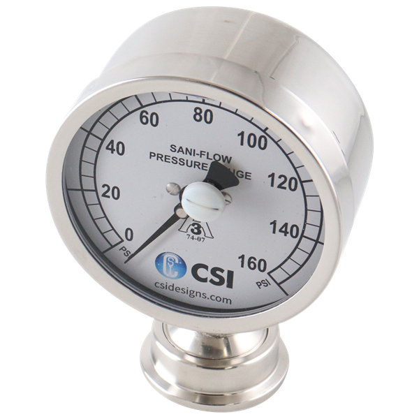 Pressure Gauge, 1.5-inch Tri-Clamp bottom mount, 0-160 PSI range, 3.5-inch dial, glycerin-filled, featuring CSI logo.