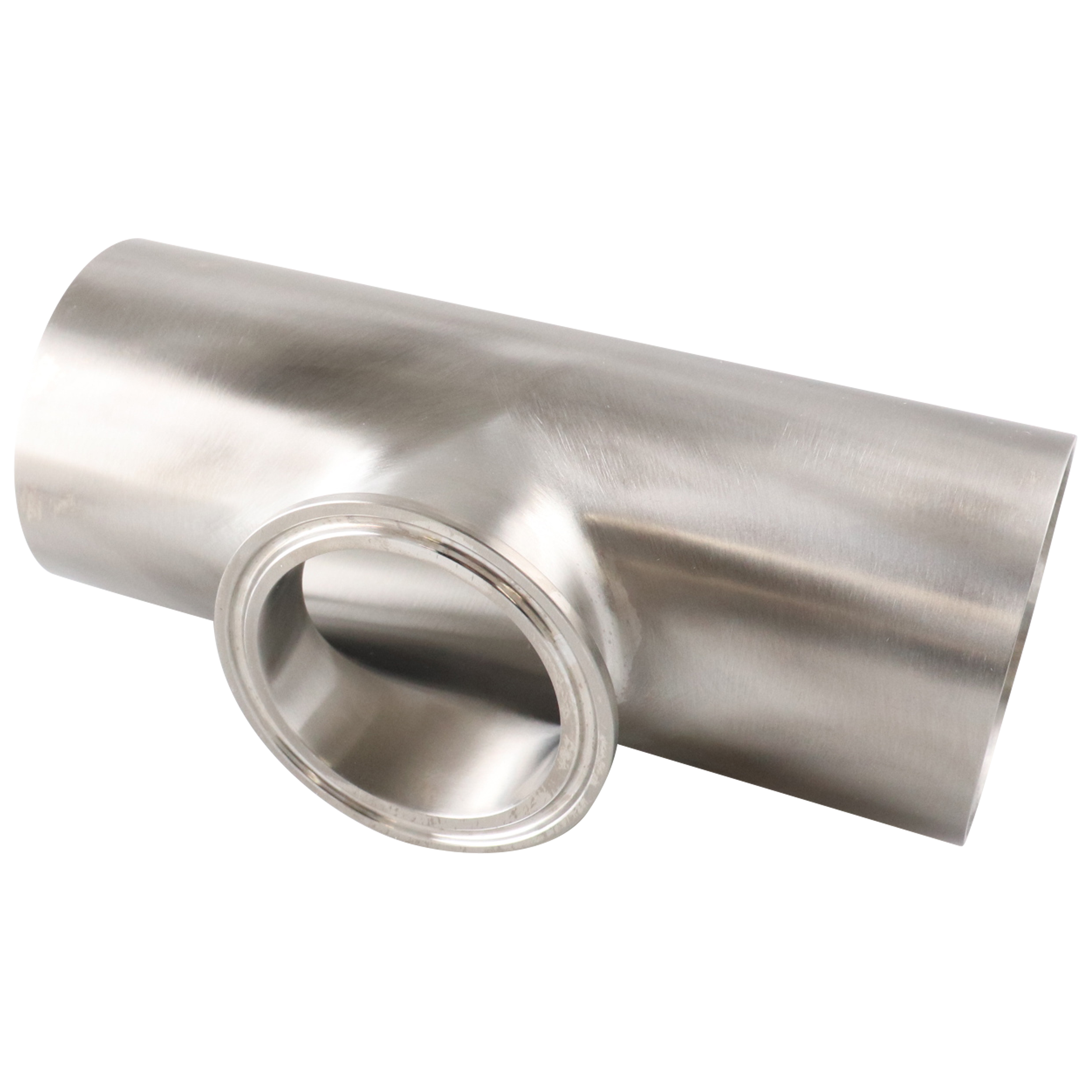 reducing tee, 3-inch x 2-inch Tri-Clamp, short branch, made from 316L stainless steel, with 32RA interior and exterior surface finish