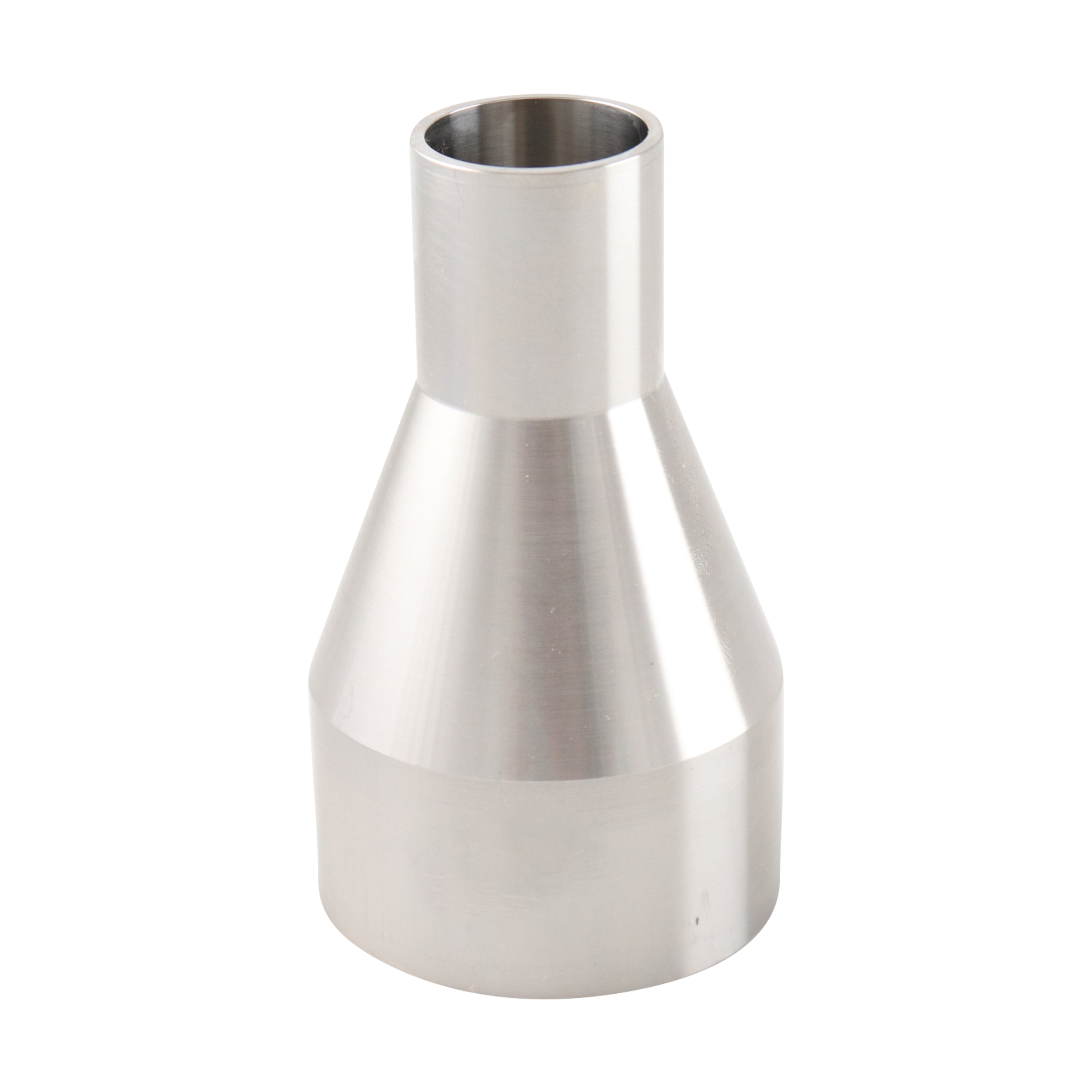 concentric reducer, 2-inch x 1-inch butt-weld, made from 316L stainless steel, with 3.375-inch overall length, 20RA interior, and 32RA exterior surface finish, SF1 BPE compliant
