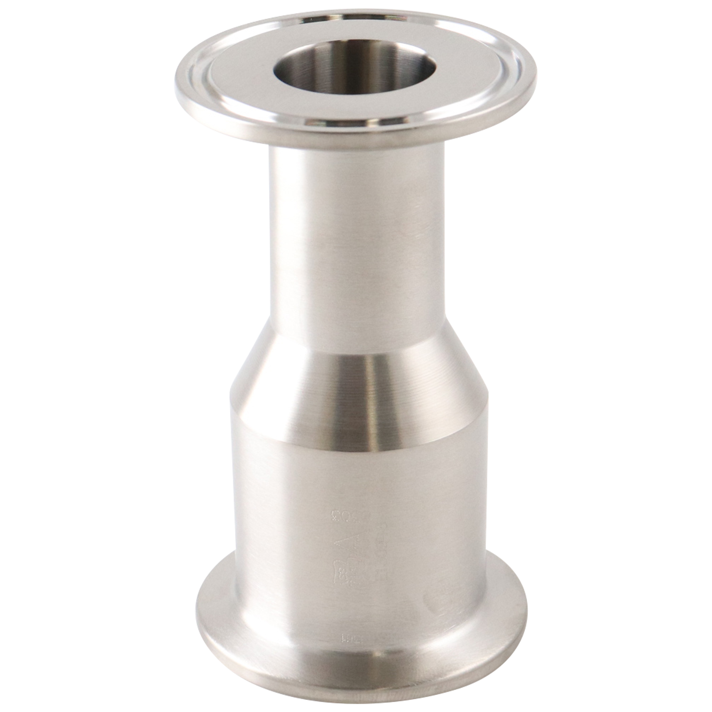 Concentric reducer with 1.5-inch by 1-inch tri-clamp connections, made from 316L stainless steel, 3.5-inch overall length, 20RA internal finish, and 32RA outer finish, SF1 BPE compliant.