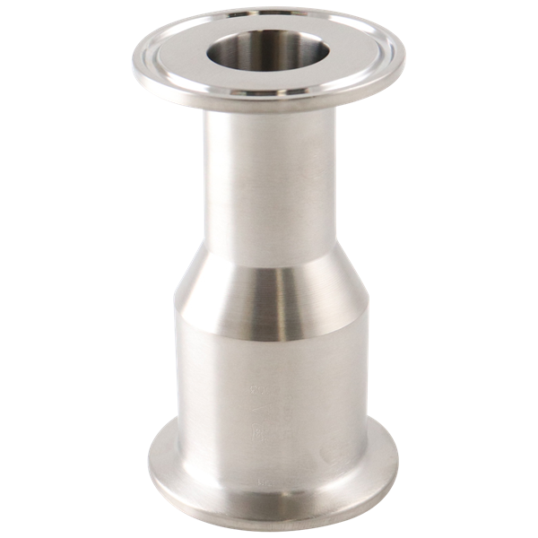 Concentric reducer with 1.5-inch by 1-inch tri-clamp connections, made from 316L stainless steel, 3.5-inch overall length, 20RA internal finish, and 32RA outer finish, SF1 BPE compliant.