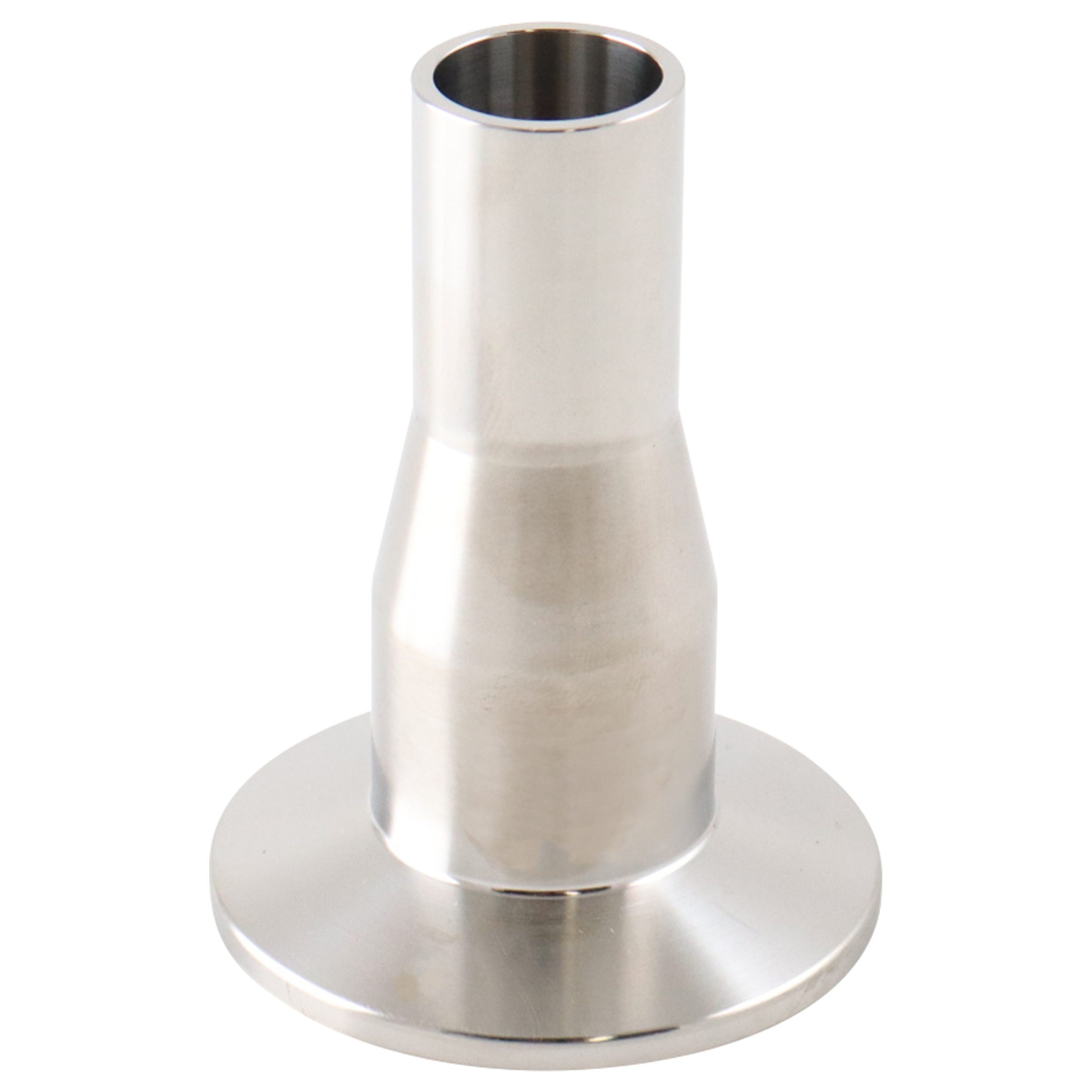 Concentric reducer, 1-inch by 0.75-inch, tri-clamp to butt weld connection, 2.625-inch overall length, made of 316L stainless steel, with a 20RA inner diameter finish and 32RA outer diameter finish, SF1 BPE compliant.