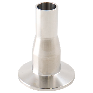 Concentric reducer, 1-inch by 0.75-inch, tri-clamp to butt weld connection, 2.625-inch overall length, made of 316L stainless steel, with a 20RA inner diameter finish and 32RA outer diameter finish, SF1 BPE compliant.