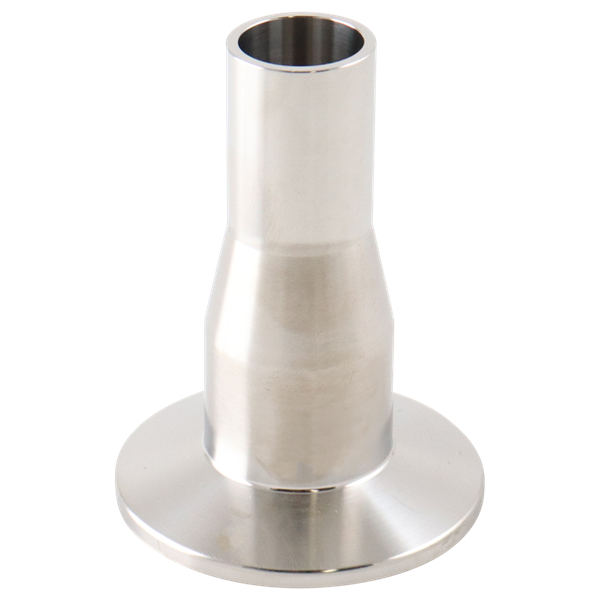 Concentric reducer, 1-inch by 0.75-inch, tri-clamp to butt weld connection, 2.625-inch overall length, made of 316L stainless steel, with a 20RA inner diameter finish and 32RA outer diameter finish, SF1 BPE compliant.