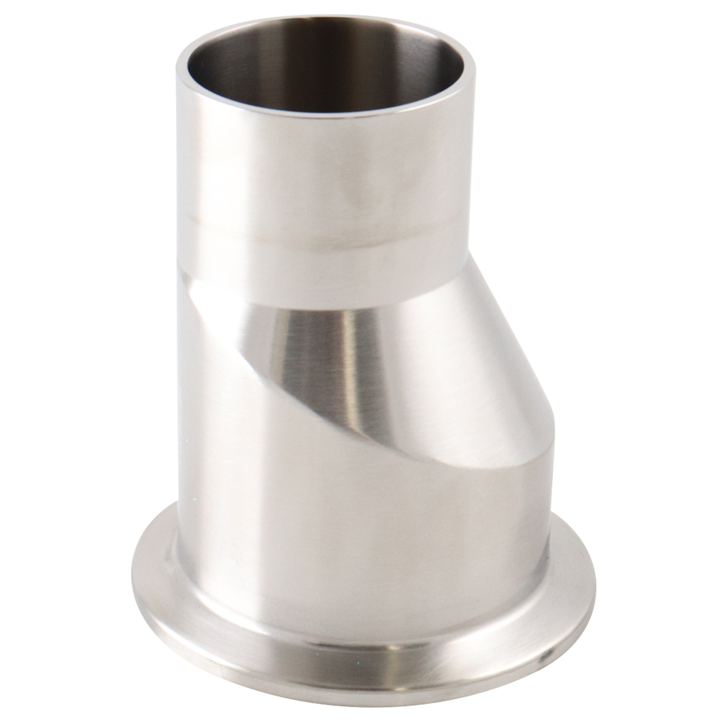 Eccentric reducer with dimensions 2 inches x 1.5 inches, tri-clamp to butt-weld connection, made from 316L stainless steel, with a 3-inch overall length, 20RA internal finish, 32RA outer finish, and SF1 BPE compliant.