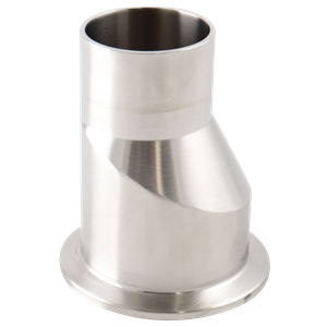 Eccentric reducer with dimensions 2 inches x 1.5 inches, tri-clamp to butt-weld connection, made from 316L stainless steel, with a 3-inch overall length, 20RA internal finish, 32RA outer finish, and SF1 BPE compliant.