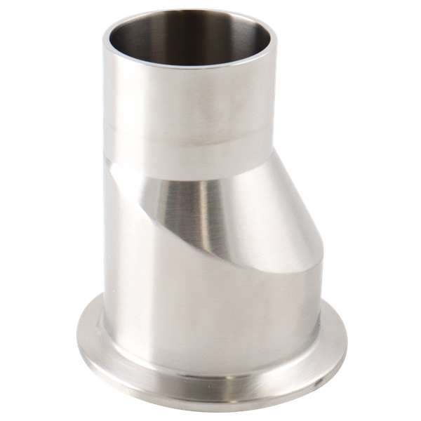 Eccentric reducer with dimensions 2 inches x 1.5 inches, tri-clamp to butt-weld connection, made from 316L stainless steel, with a 3-inch overall length, 20RA internal finish, 32RA outer finish, and SF1 BPE compliant.