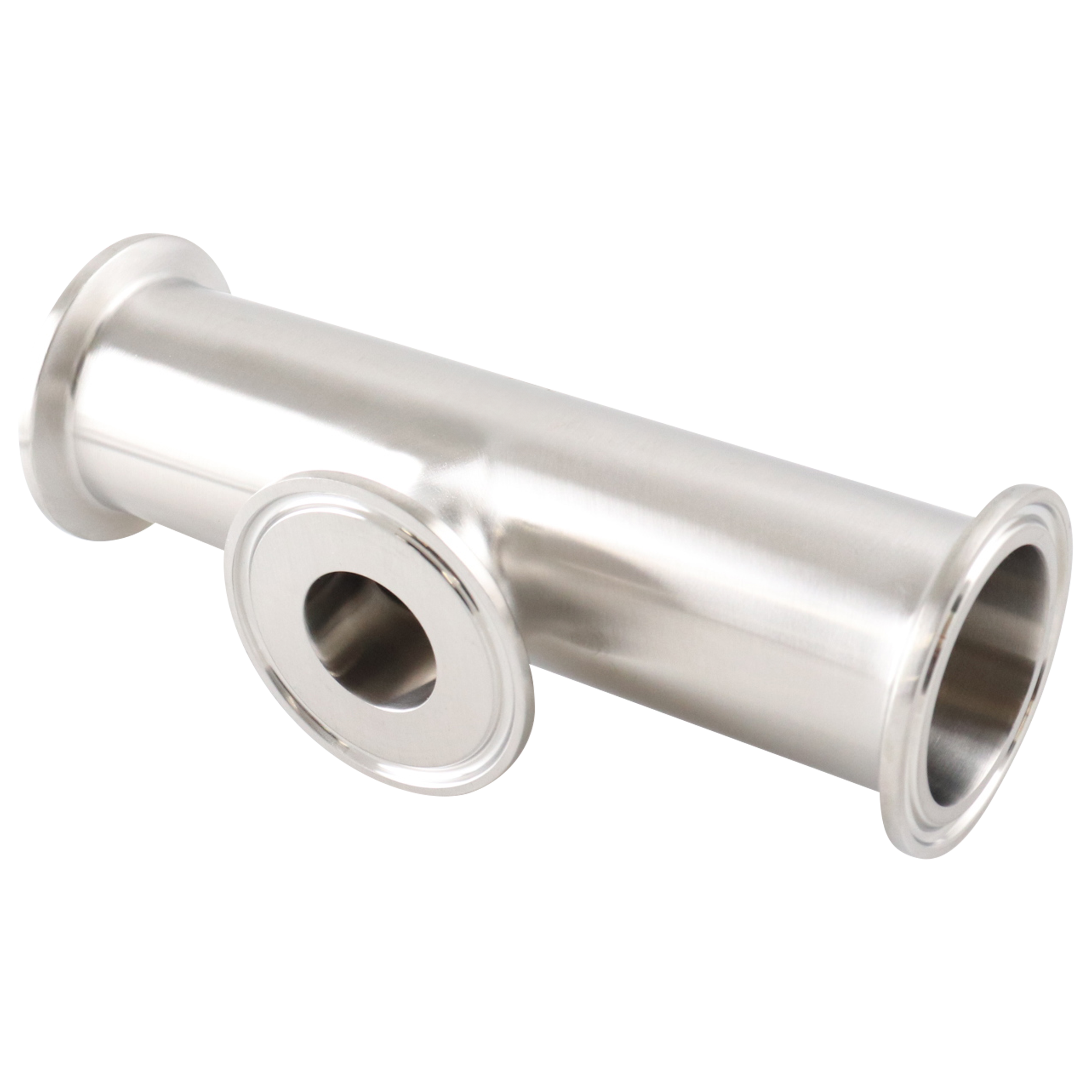 Reducing tee: 1.5-inch to 1-inch short branch, tri-clamp, 316L stainless steel, 20RA inner diameter, 32RA outer diameter, SF1 BPE compliant.