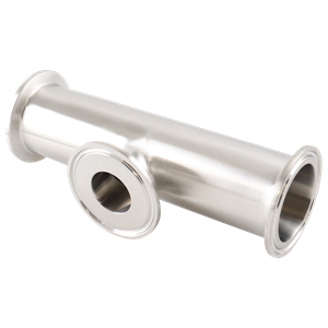 Reducing tee: 1.5-inch to 1-inch short branch, tri-clamp, 316L stainless steel, 20RA inner diameter, 32RA outer diameter, SF1 BPE compliant.